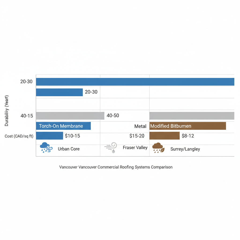 Horizontal bar chart comparing durability and cost of three commercial roofing systems in Vancouver with climate icons