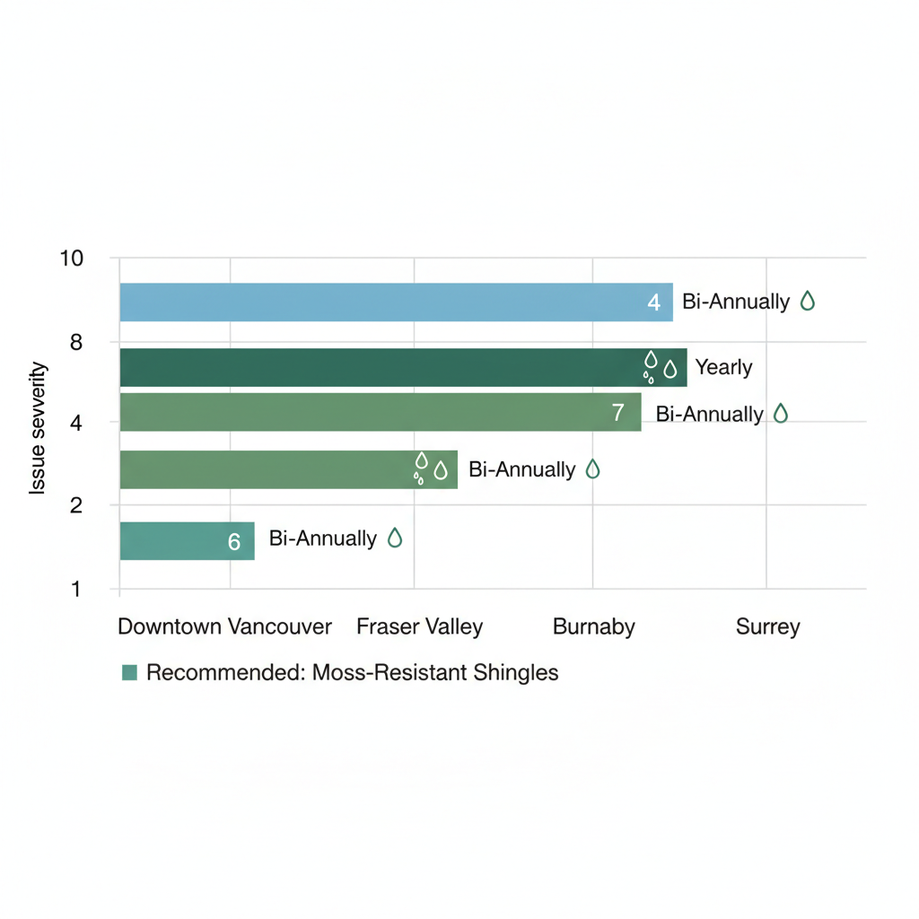 Horizontal bar chart comparing roofing issue severity across Vancouver areas with moisture focus