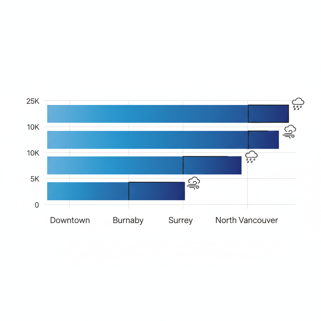 Bar chart comparing typical roofing cost ranges in CAD across Vancouver neighborhoods including Downtown, Burnaby, Surrey, and North Vancouver, with climate icons for rain and wind.