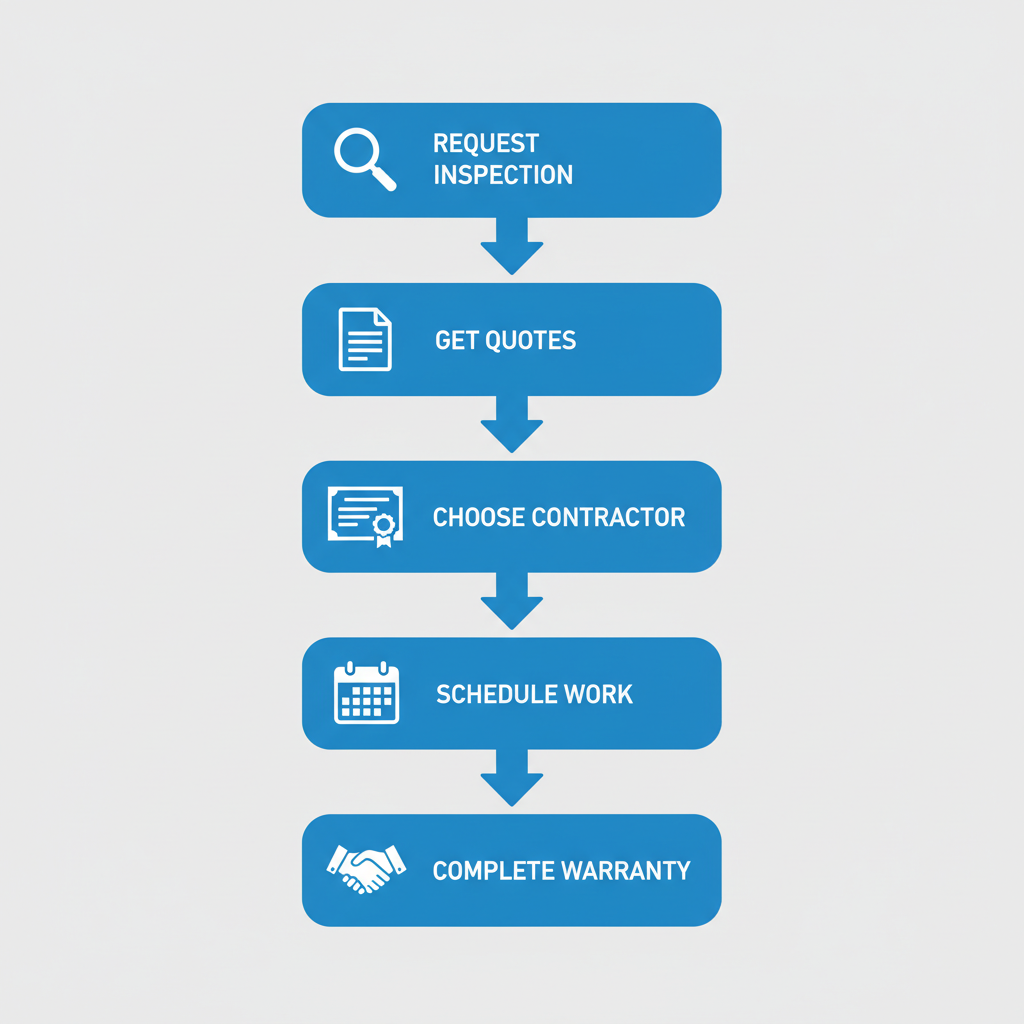 Vertical process flow diagram illustrating five steps to hire reliable roofing services: request inspection, get quotes, choose certified contractor, schedule work, complete with warranty.