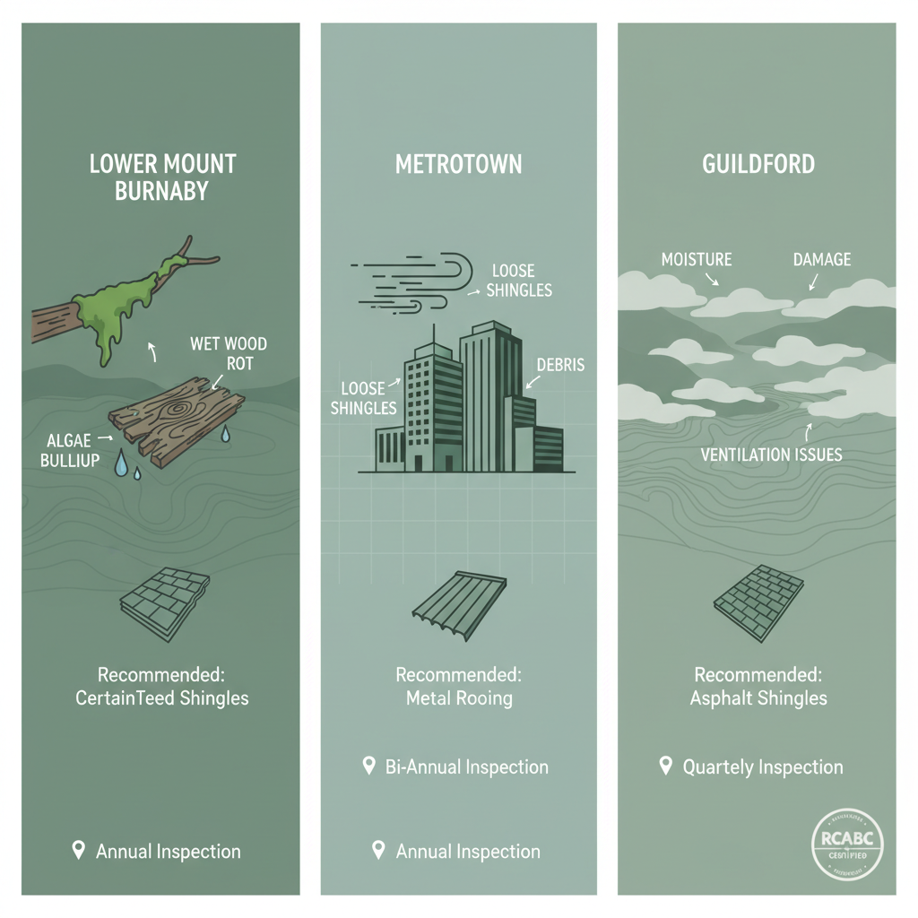 Infographic depicting roofing challenges in Burnaby neighborhoods including moss in Lower Mount, wind in Metrotown, and fog in Guildford with material recommendations and inspection frequencies.