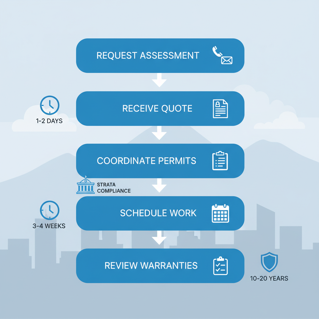 Vertical process flow diagram illustrating five steps to initiate roofing projects in Burnaby: request assessment, receive quote, coordinate permits, schedule work, and review warranties.