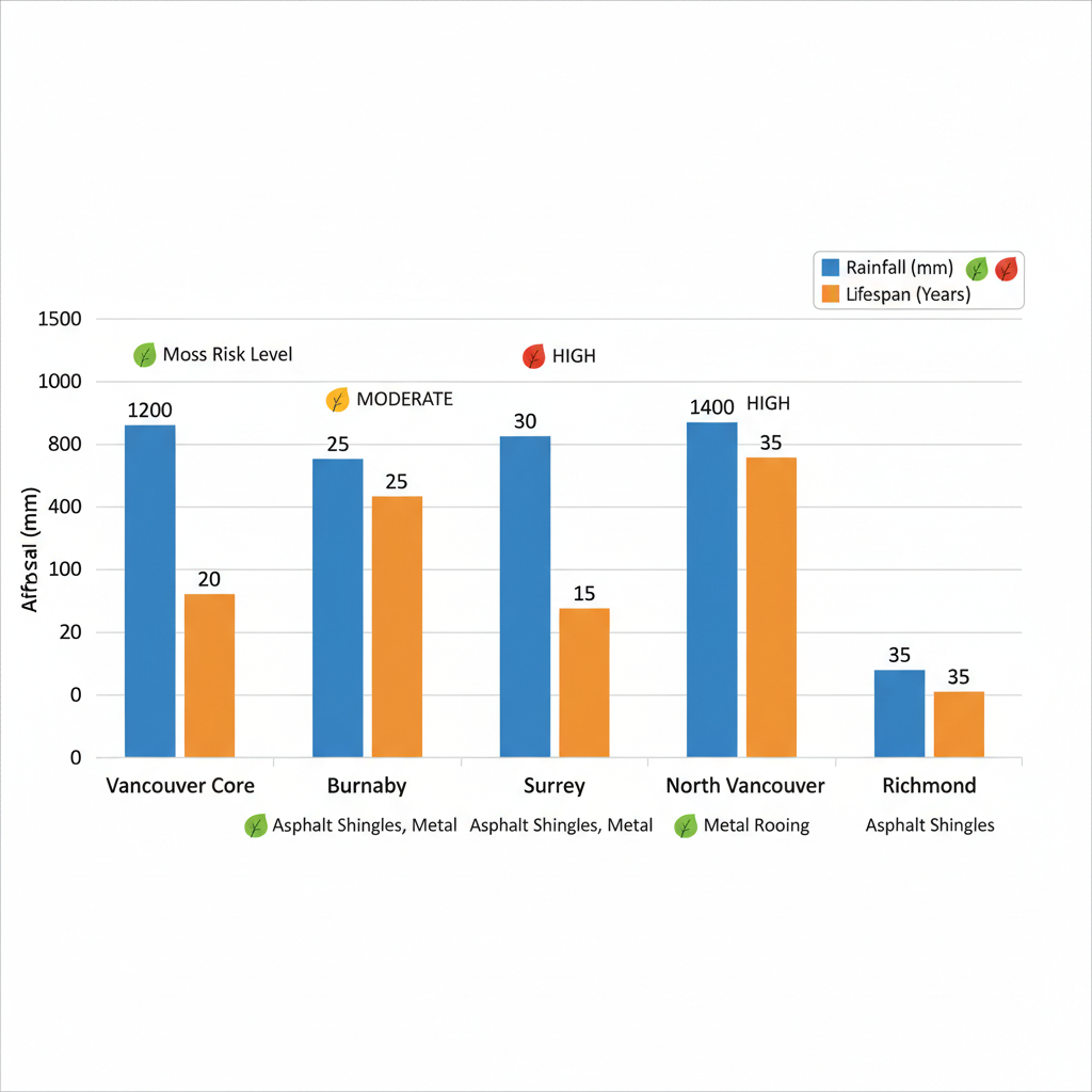 Horizontal bar chart comparing annual rainfall, moss risk levels, recommended materials, and average roof lifespans across Greater Vancouver communities including Vancouver Core, Burnaby, Surrey, North Vancouver, and Richmond.