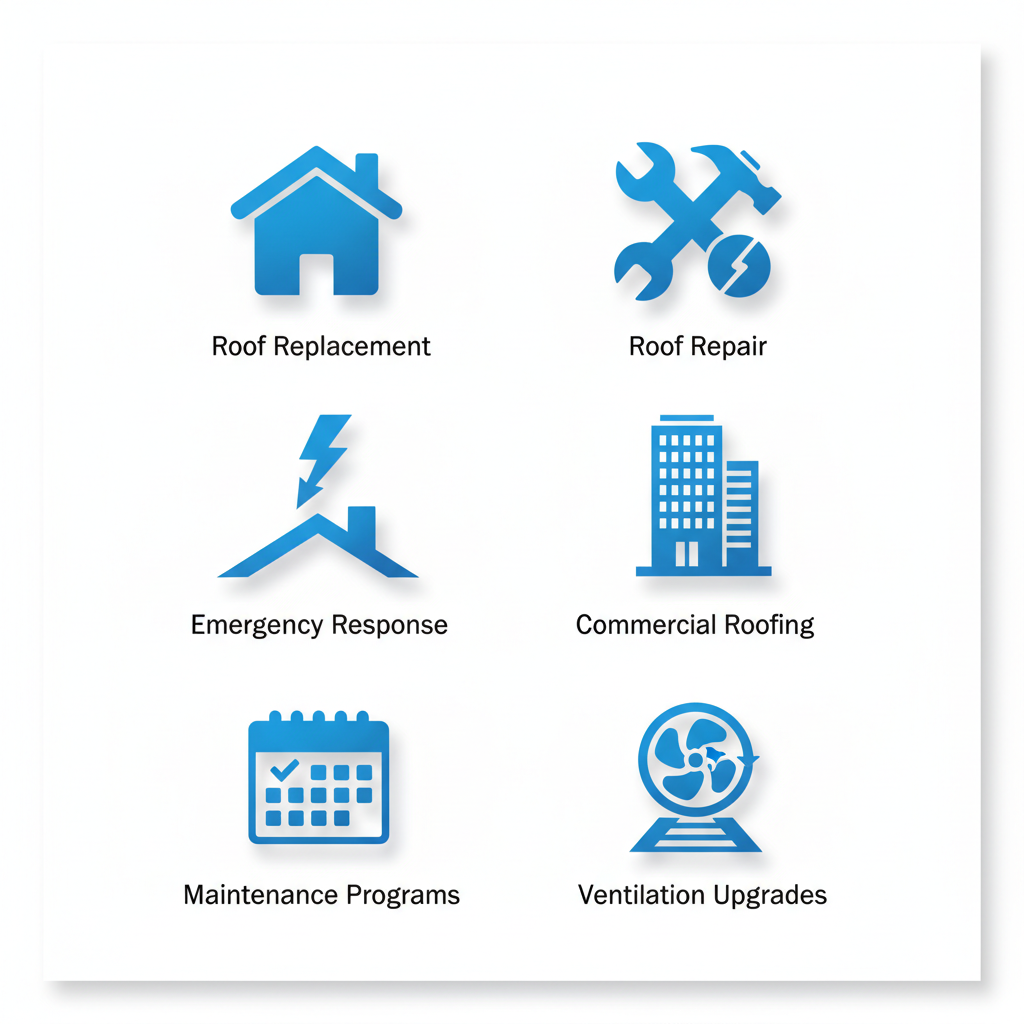 Grid of six icons representing key roofing services: roof replacement, repair, emergency response, commercial roofing, maintenance programs, and ventilation upgrades
