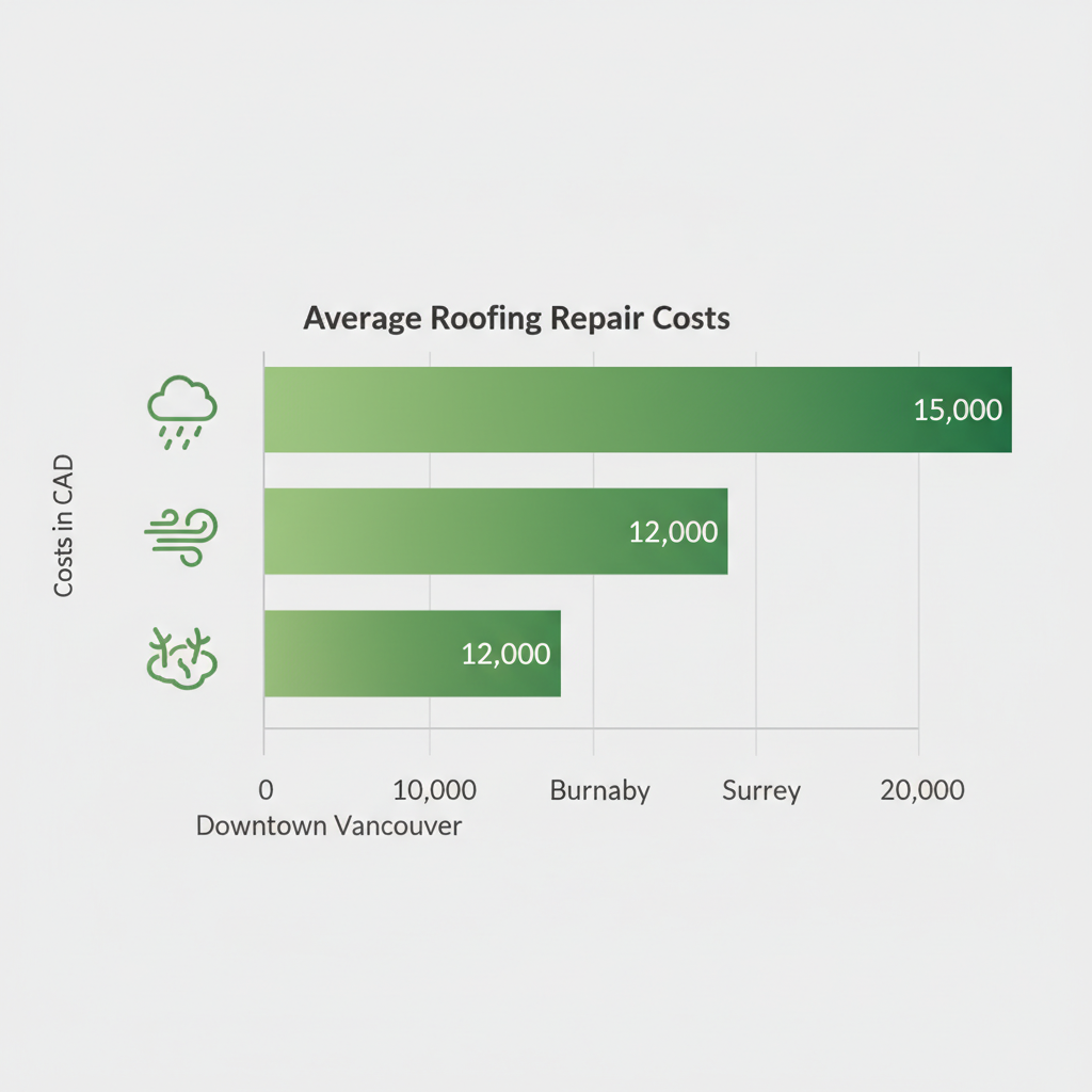 Bar chart comparing average roofing repair costs in Downtown Vancouver, Burnaby, and Surrey with climate icons.