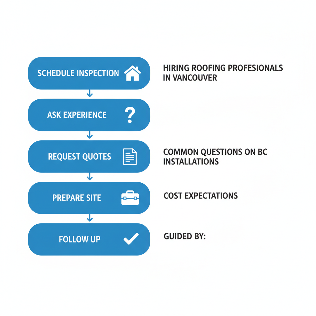 Vertical process flow diagram illustrating five steps to hire roofing professionals in Vancouver, featuring icons and brief labels.
