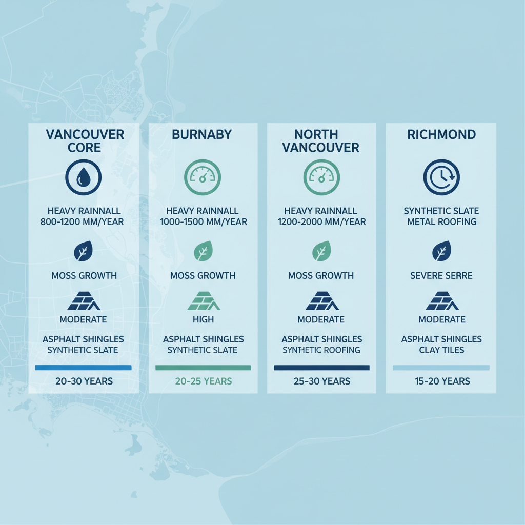 Infographic comparing roofing challenges, materials, and timelines for Vancouver areas including Core, Burnaby, North Vancouver, and Richmond