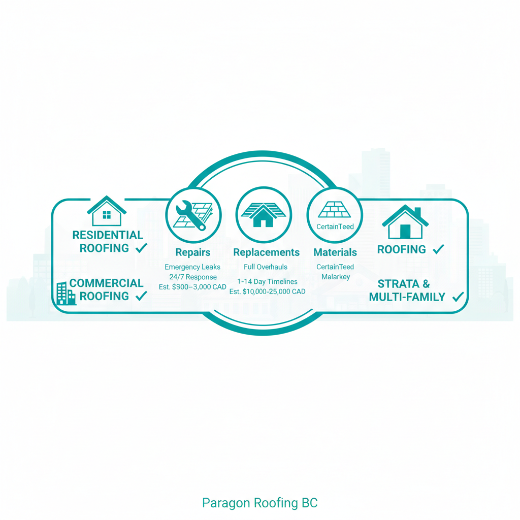 Infographic depicting key roofing services including repairs, replacements, and materials with cost ranges and timelines in Vancouver
