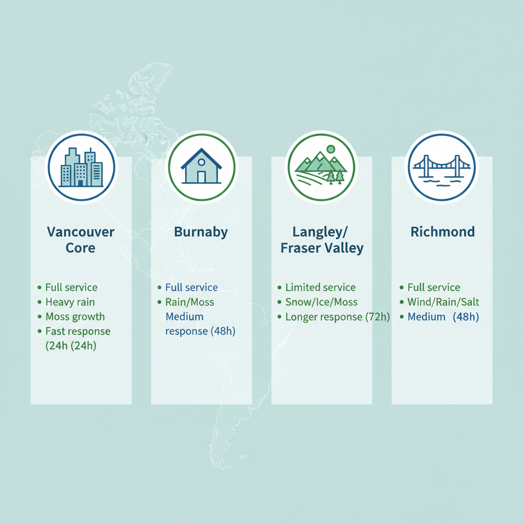 Infographic illustrating roofing service coverage and challenges across Greater Vancouver areas