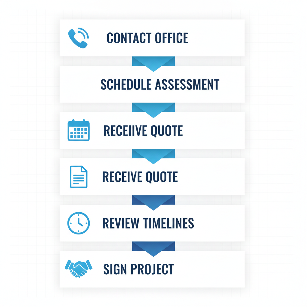 Vertical process flow illustrating five key steps to engage roofing services with Paragon in Vancouver: contact, schedule assessment, receive quote, review timelines, and sign project.