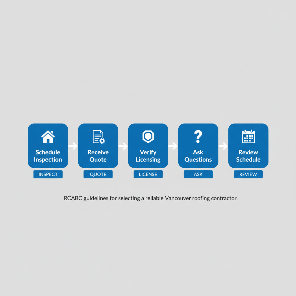 Horizontal process flow diagram illustrating five key steps to hire a Vancouver roofing contractor: schedule inspection, receive quote, verify licensing, ask about timelines and materials, review financing and schedule.