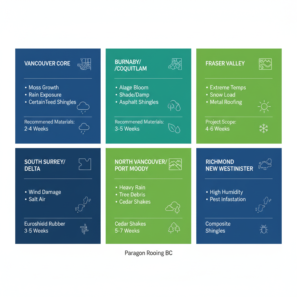Infographic grid depicting roofing challenges, solutions, materials, and timelines for six Greater Vancouver regions