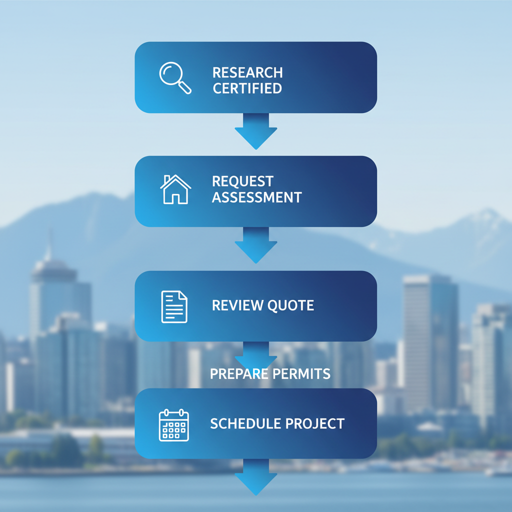 Vertical process flow diagram showing five key steps to hire a roofing contractor in Vancouver, with icons and minimal labels.