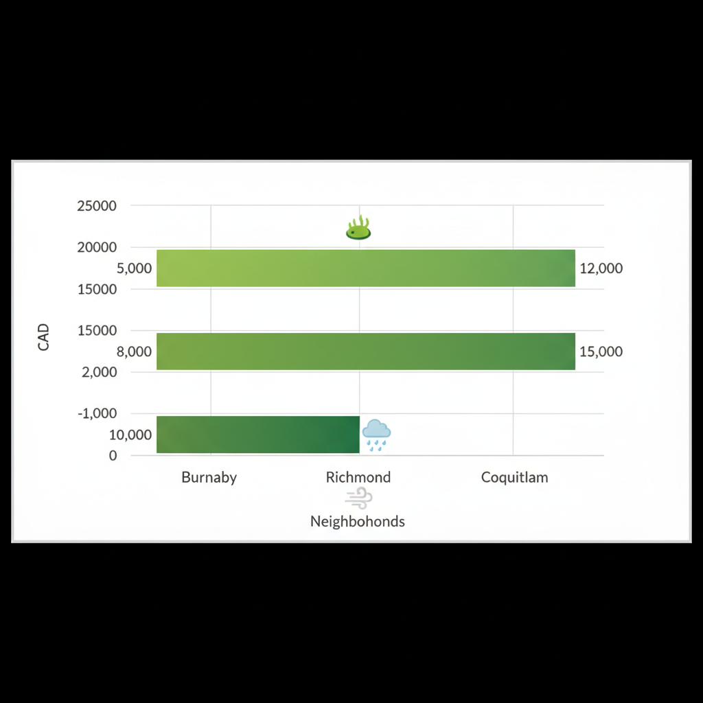 Horizontal bar chart comparing residential roofing costs in Burnaby, Richmond, and Coquitlam neighborhoods