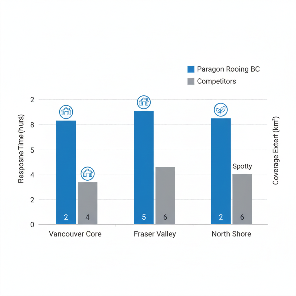Bar chart comparing Paragon Roofing BC's response times and coverage areas against competitors in Vancouver Core, Fraser Valley, and North Shore, highlighting specializations in metal and green roofing.
