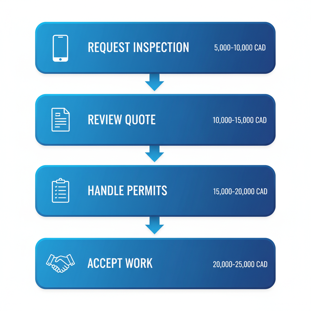 Vertical process flow diagram showing four steps to start a roofing project in Vancouver with icons