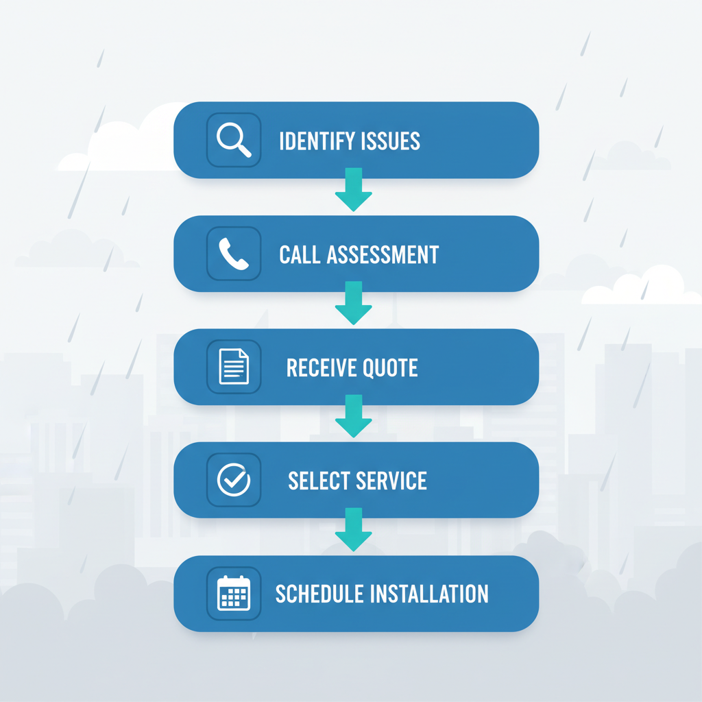 Vertical process flow diagram outlining five steps to secure flat roofing services with icons and labels