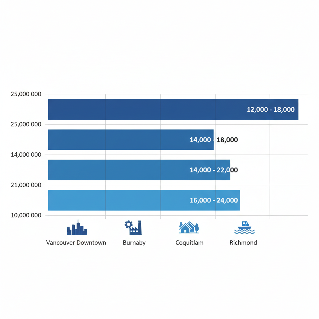 Horizontal bar chart comparing metal roof installation costs in Vancouver neighborhoods including Vancouver Downtown, Burnaby, Coquitlam, and Richmond