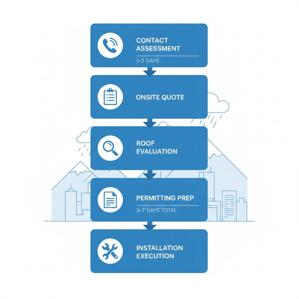 Vertical process flow diagram illustrating five key steps for metal roof installation in Vancouver: contact for assessment, onsite inspection, roof evaluation, permitting, and execution.