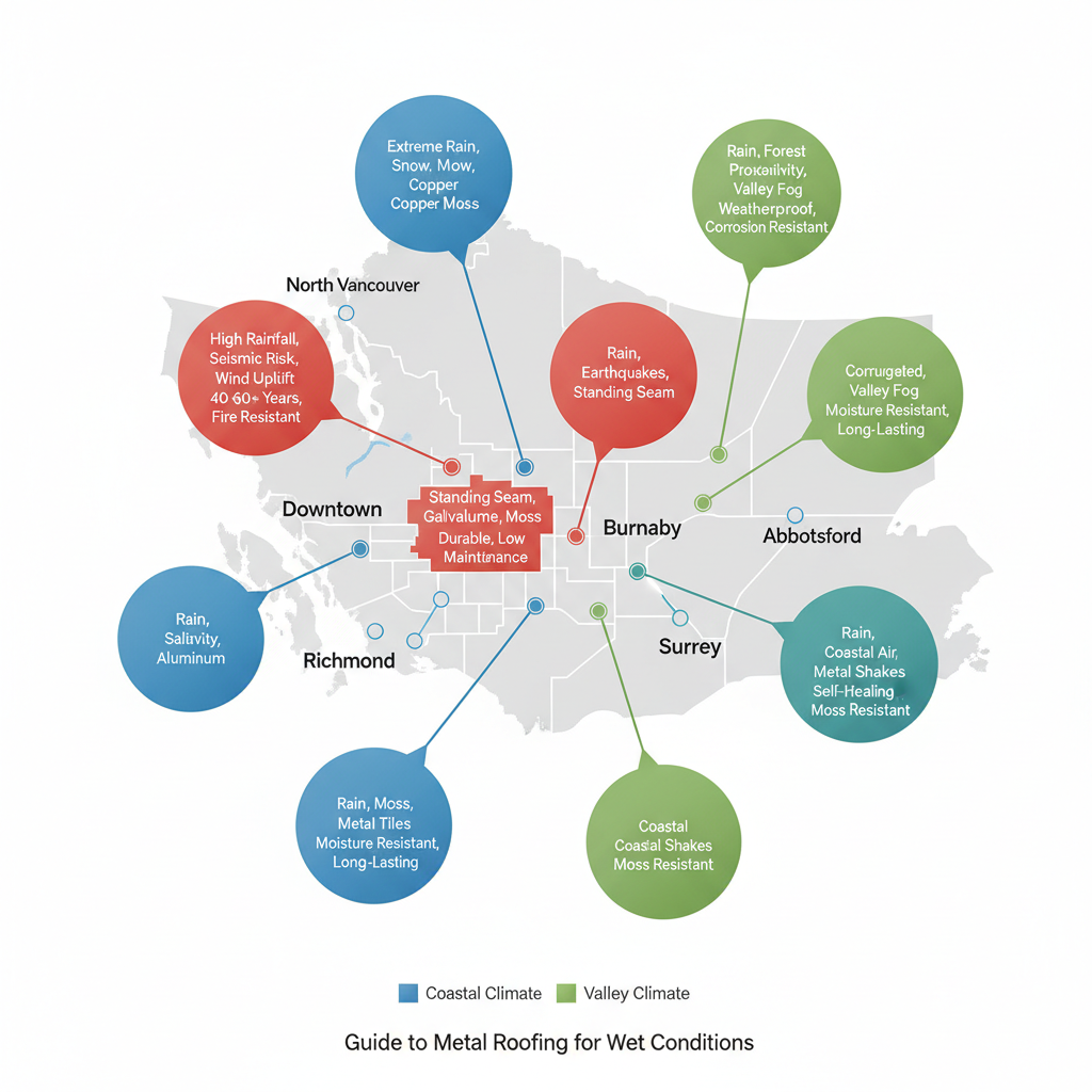 Infographic map of Greater Vancouver showing roofing challenges, recommended metal types, and durability benefits for key neighborhoods like Downtown, Burnaby, and Surrey.