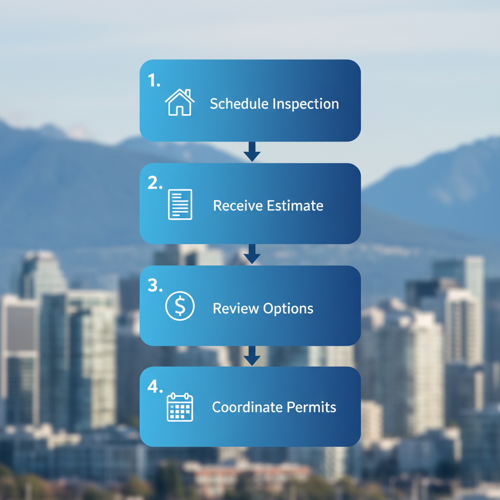 Vertical process flow diagram showing four key steps to start a metal roofing project in Vancouver with icons and labels.