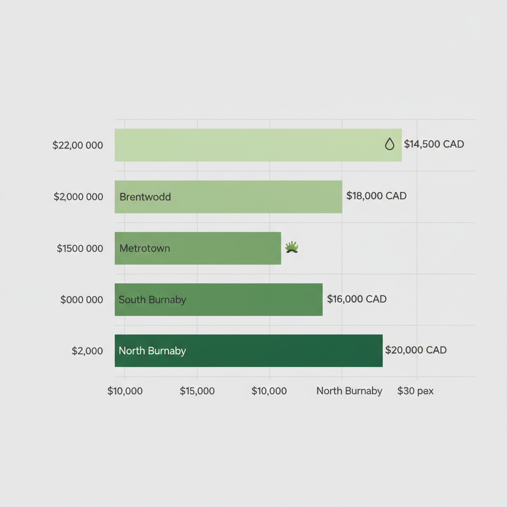 Bar chart showing average flat roof installation costs by Burnaby neighborhoods, highlighting variations and common issues like pooling and moss.