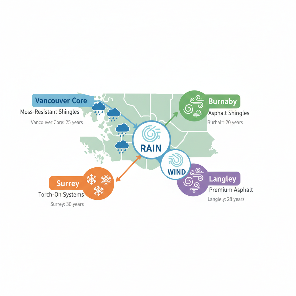 Infographic illustrating Greater Vancouver roofing areas with weather-specific materials and average lifespan stats