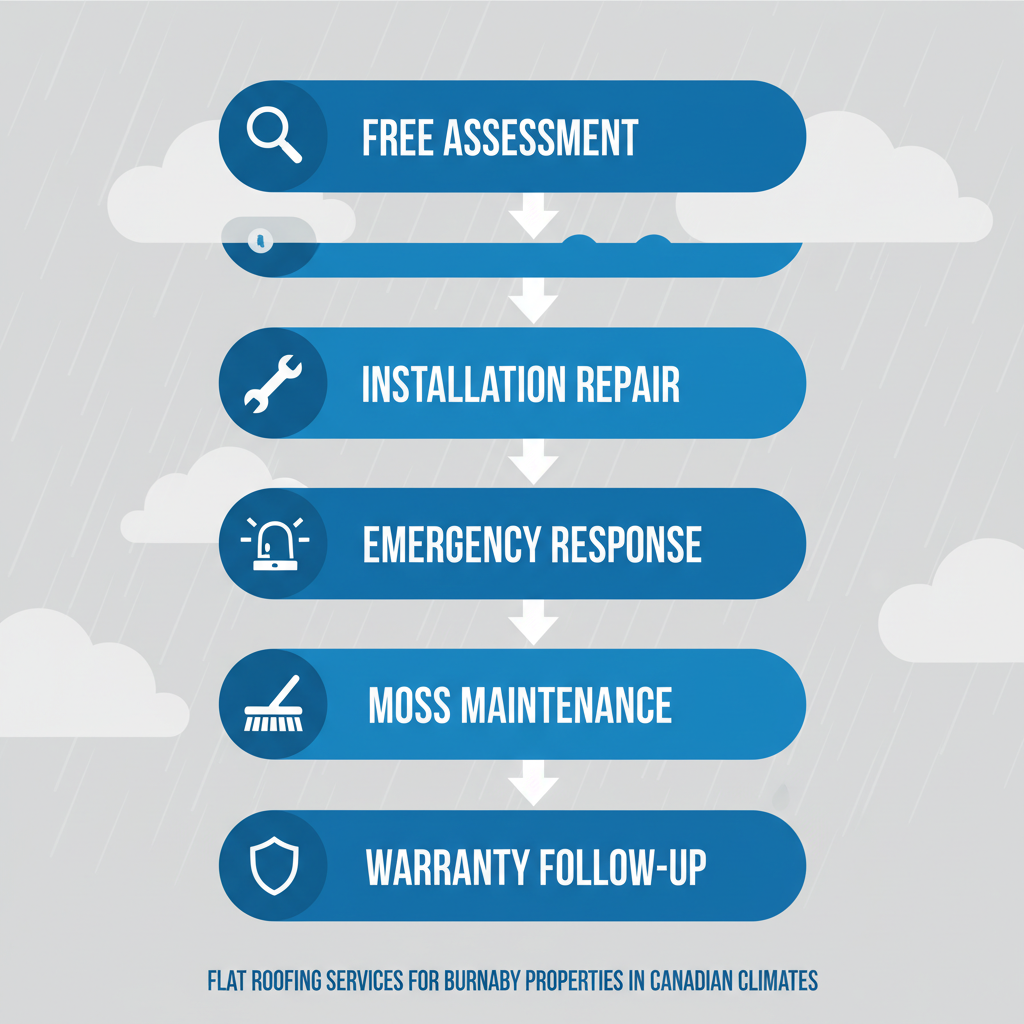 Vertical process flow diagram illustrating flat roofing services: assessment, installation or repair, emergency response, maintenance, and warranty follow-up for Burnaby properties.