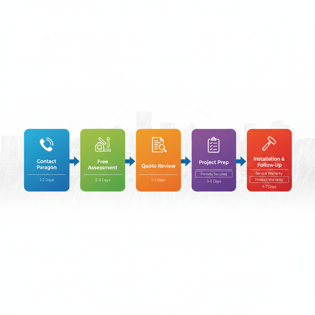 Horizontal process flow diagram illustrating five key steps to initiate a roofing project: contact, onsite assessment, quote review, preparation, and installation with follow-up.