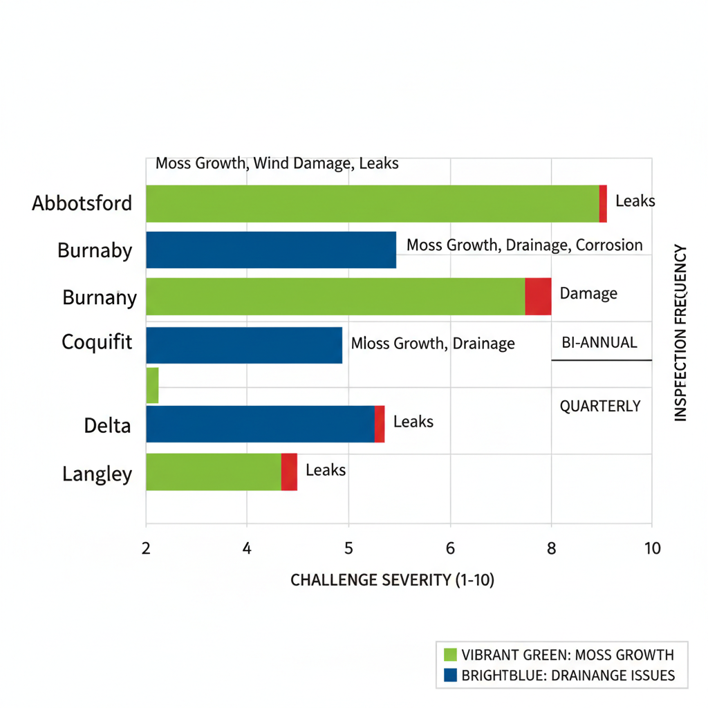 Bar chart comparing roofing challenges such as moss growth, wind damage, and drainage issues across Greater Vancouver areas including Abbotsford, Burnaby, Coquitlam, Delta, and Langley, with severity scale and inspection frequencies.