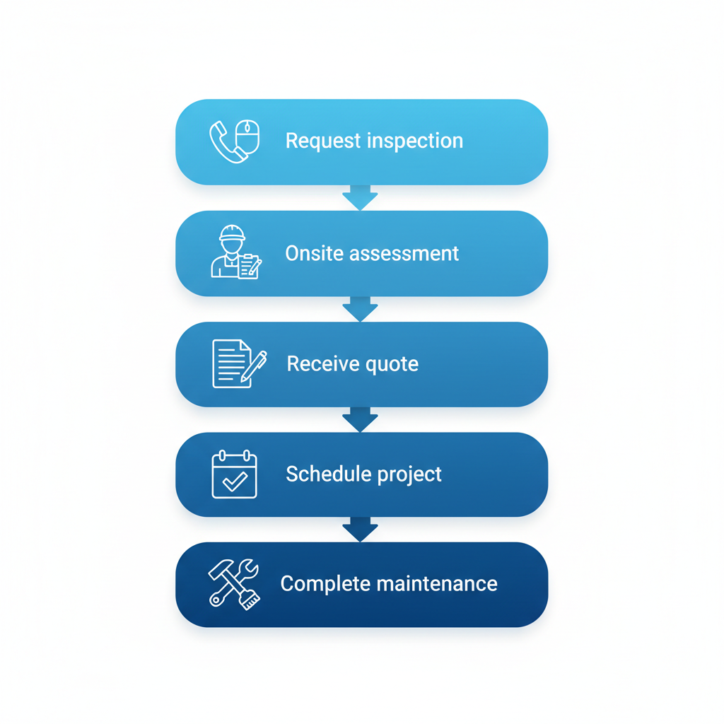 Vertical process flow diagram showing five steps to start roofing maintenance with Paragon Roofing BC in Vancouver