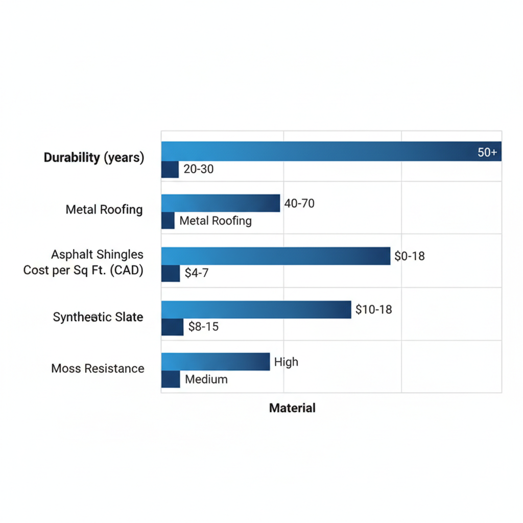 Horizontal bar chart comparing durability, cost, and moss resistance of asphalt shingles, metal roofing, and synthetic slate for Vancouver's climate