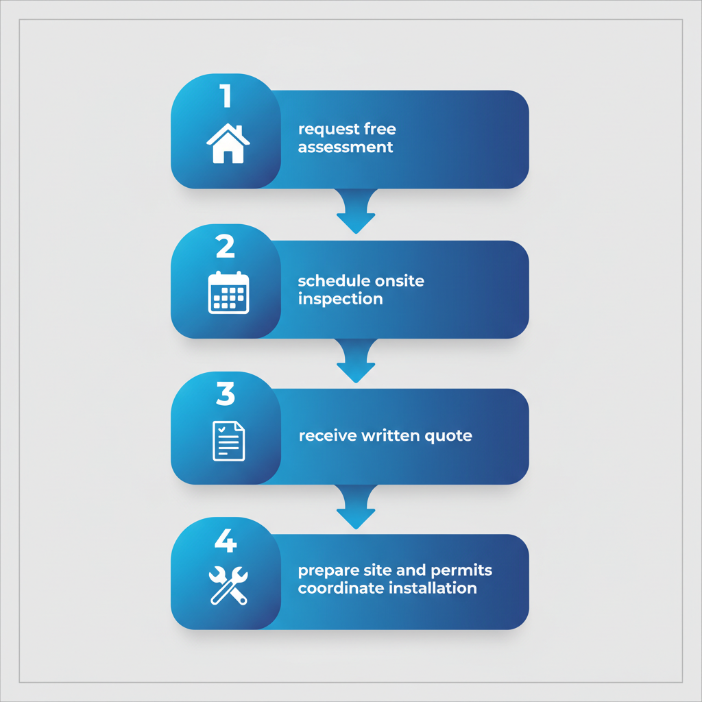 Vertical process flow diagram illustrating five key steps for starting a Vancouver roofing project with icons and brief descriptions.