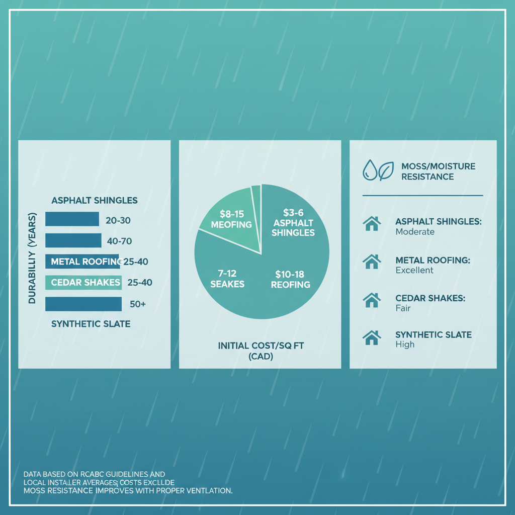 Infographic comparing durability, costs, and moss resistance of four roofing materials for North Vancouver's climate