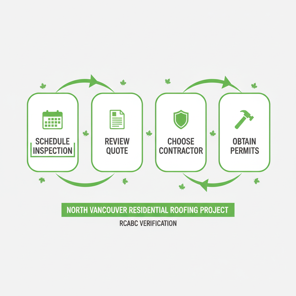 Horizontal process flow diagram illustrating four key steps to initiate a residential roofing project in North Vancouver, featuring icons for inspection, quote, contractor selection, and permits.