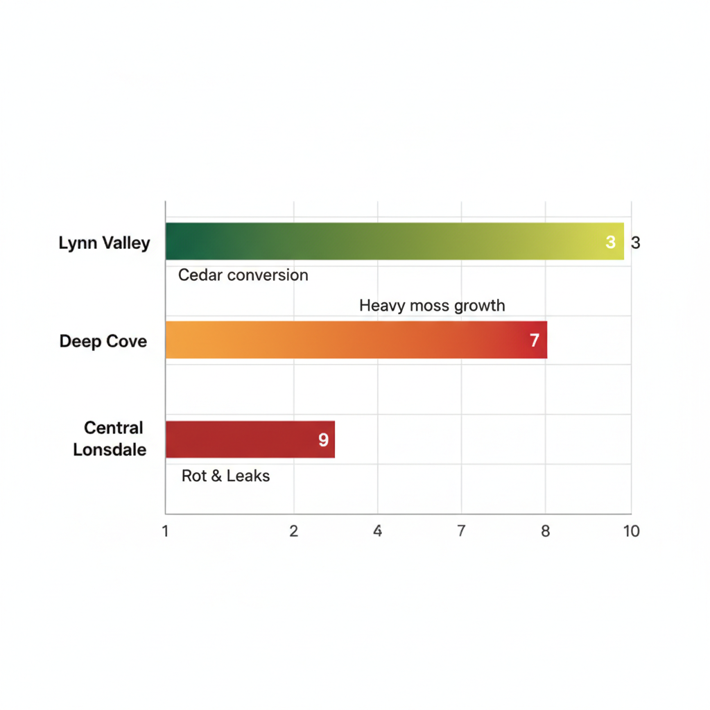 Horizontal bar chart comparing roofing challenge severity in North Vancouver neighborhoods: Lynn Valley, Deep Cove, and Central Lonsdale