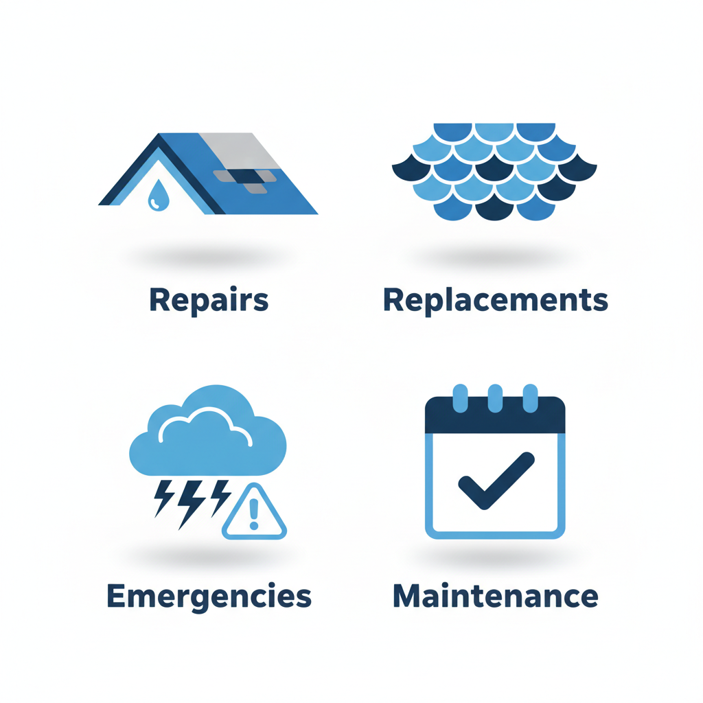 Grid of icons showing roofing services: repairs, replacements, emergencies, and maintenance in North Vancouver.