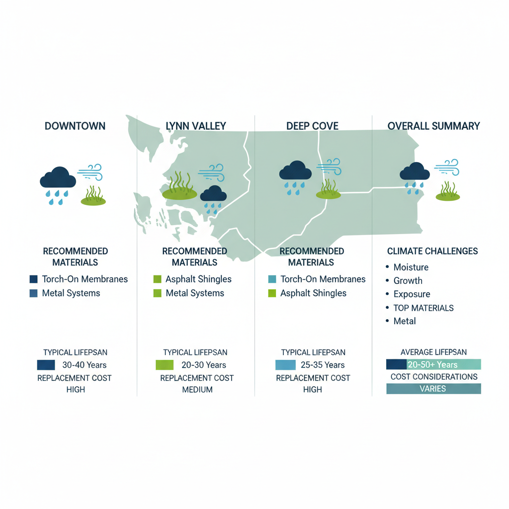 Infographic illustrating commercial roofing challenges, materials, and lifespans in North Vancouver areas: Downtown, Lynn Valley, Deep Cove, and summary.