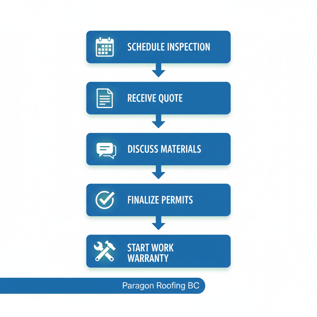 Vertical process flow illustrating five steps to hire roofing professionals in North Vancouver