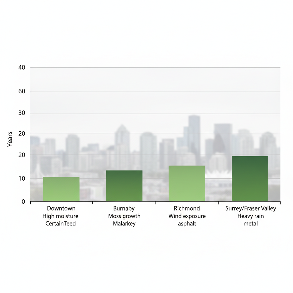 Bar chart comparing average roof lifespans in Vancouver neighborhoods with climate challenge labels