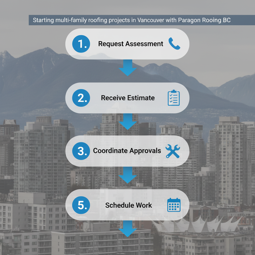 Vertical process flow diagram showing five steps to start multi-family roofing projects in Vancouver