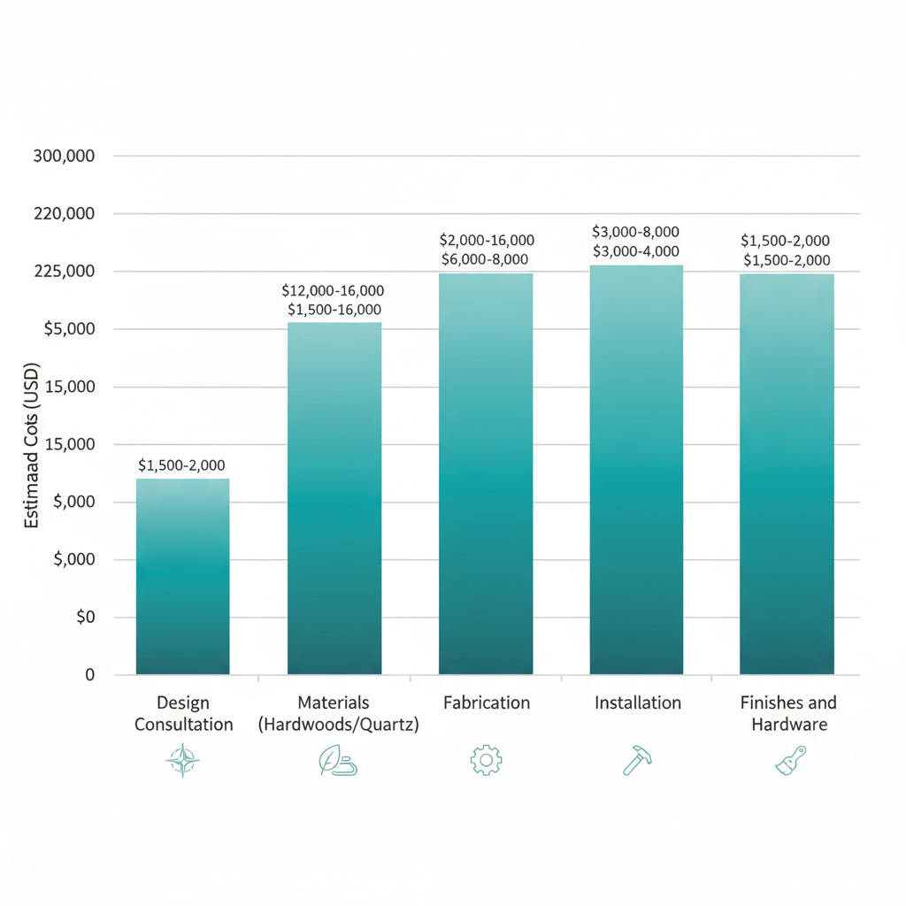 Bar chart of budget breakdown for custom kitchen cabinet remodel in Palm Beach, showing cost categories and ranges.