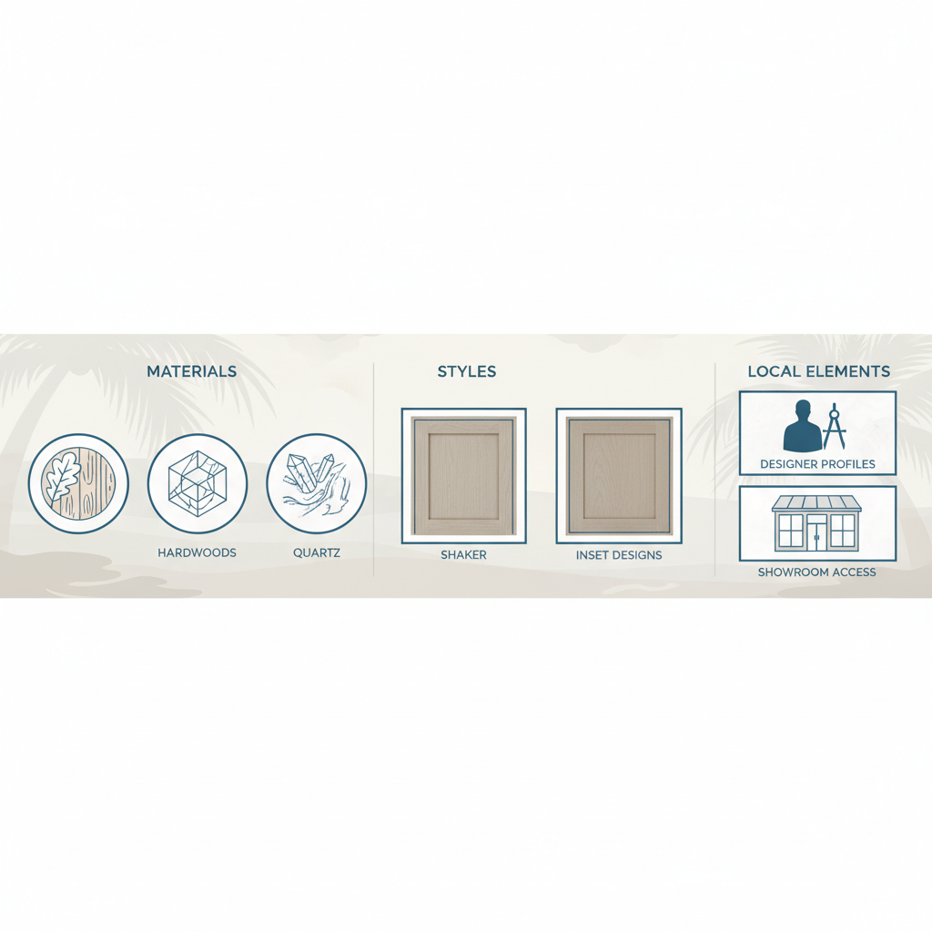 Professional infographic illustrating custom kitchen cabinet materials, styles, and local services in Palm Beach