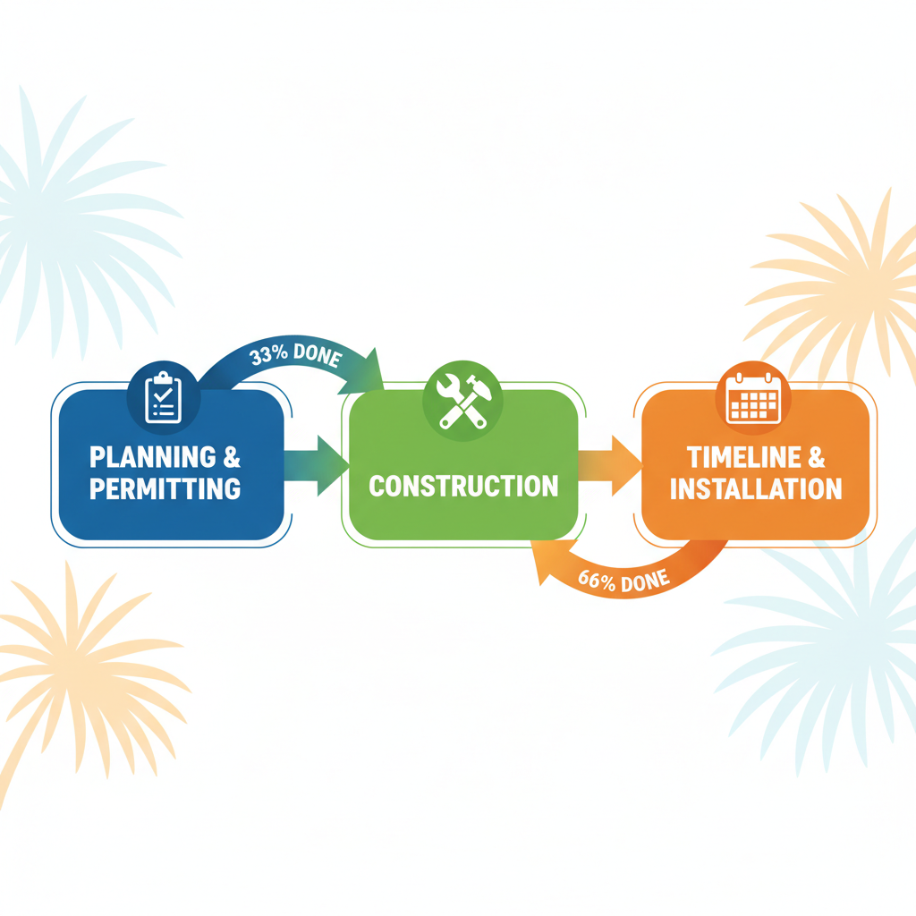 Horizontal process flow diagram illustrating three phases of building custom outdoor kitchens: planning and permitting, construction, and timeline and installation with icons and arrows.