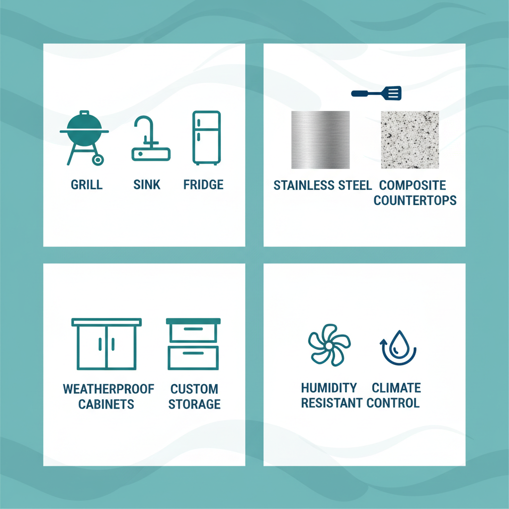 Infographic illustrating essential components of outdoor kitchen design including appliances, surfaces, storage, and climate features for West Palm Beach.