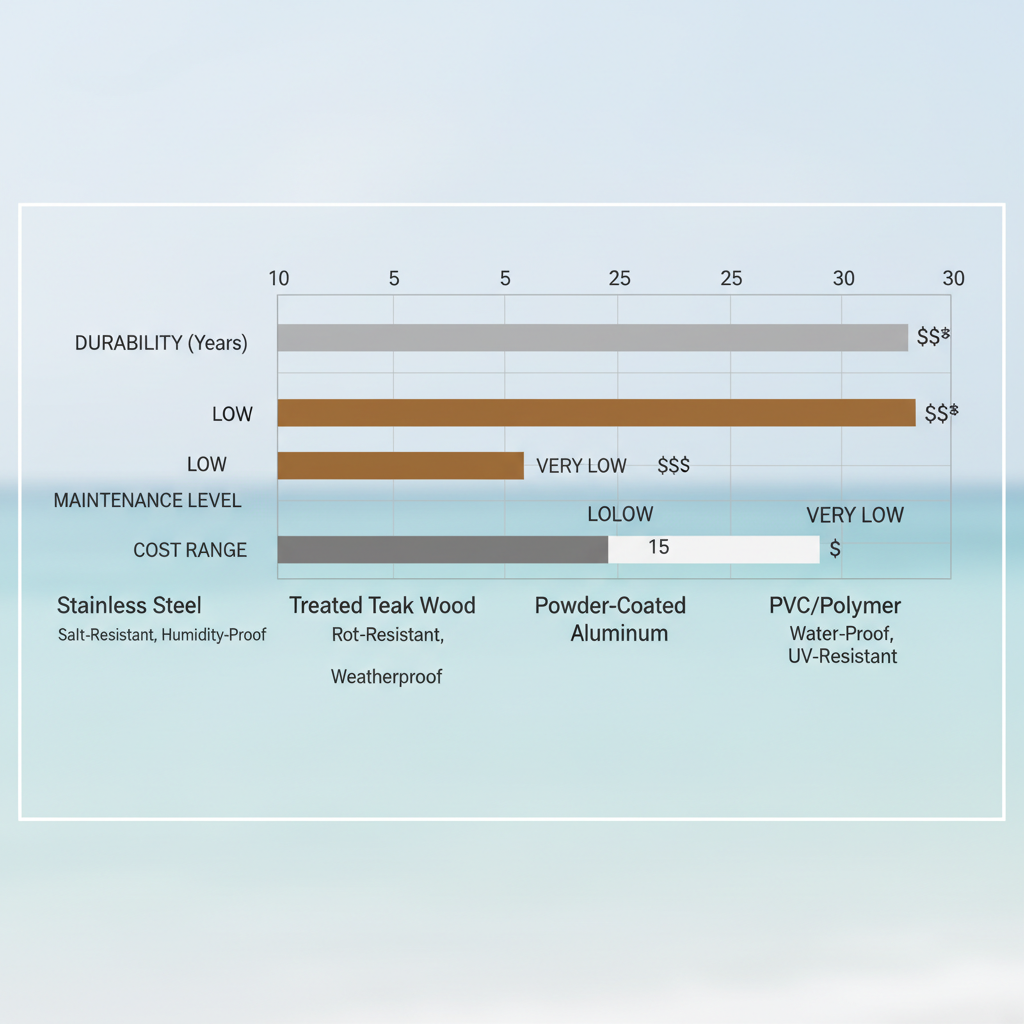 Horizontal bar chart comparing durability, maintenance, and cost of outdoor cabinet materials for South Florida climates