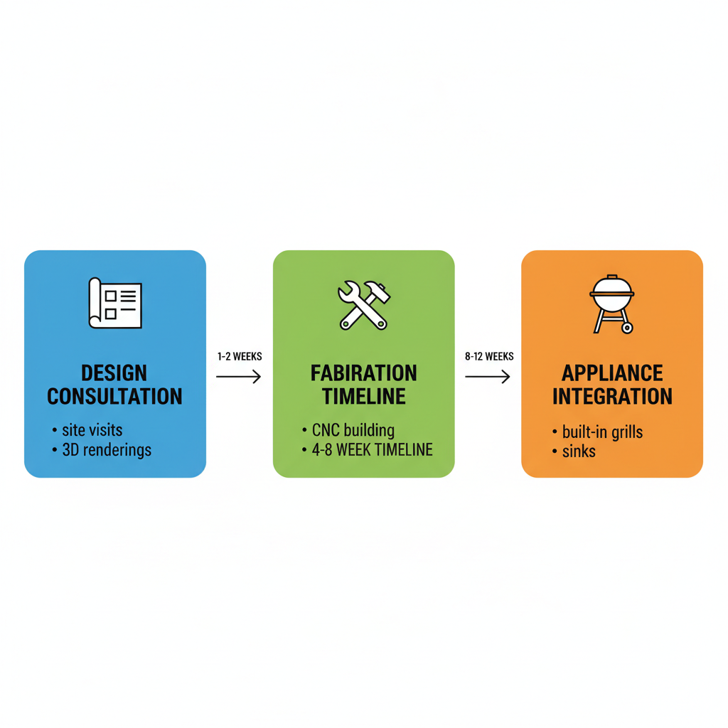 Horizontal process flow diagram of three stages for creating outdoor kitchen cabinets in Palm Beach