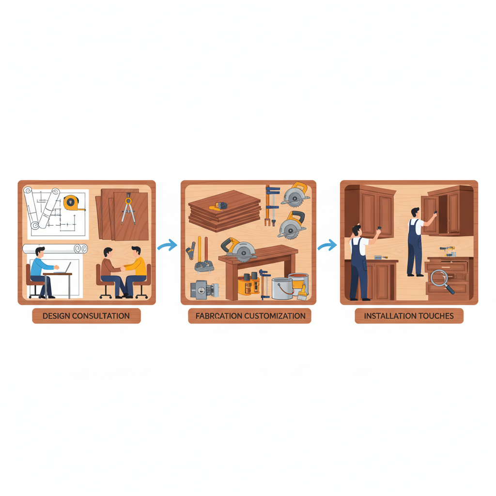 Horizontal process flow diagram illustrating the three stages of custom cabinetry creation: design consultation, fabrication, and installation.