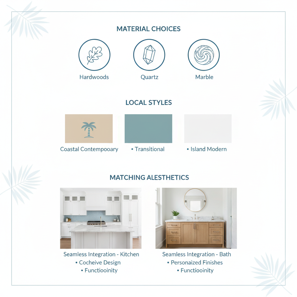 Infographic showing custom cabinetry features including materials, styles, and integration for West Palm Beach homes
