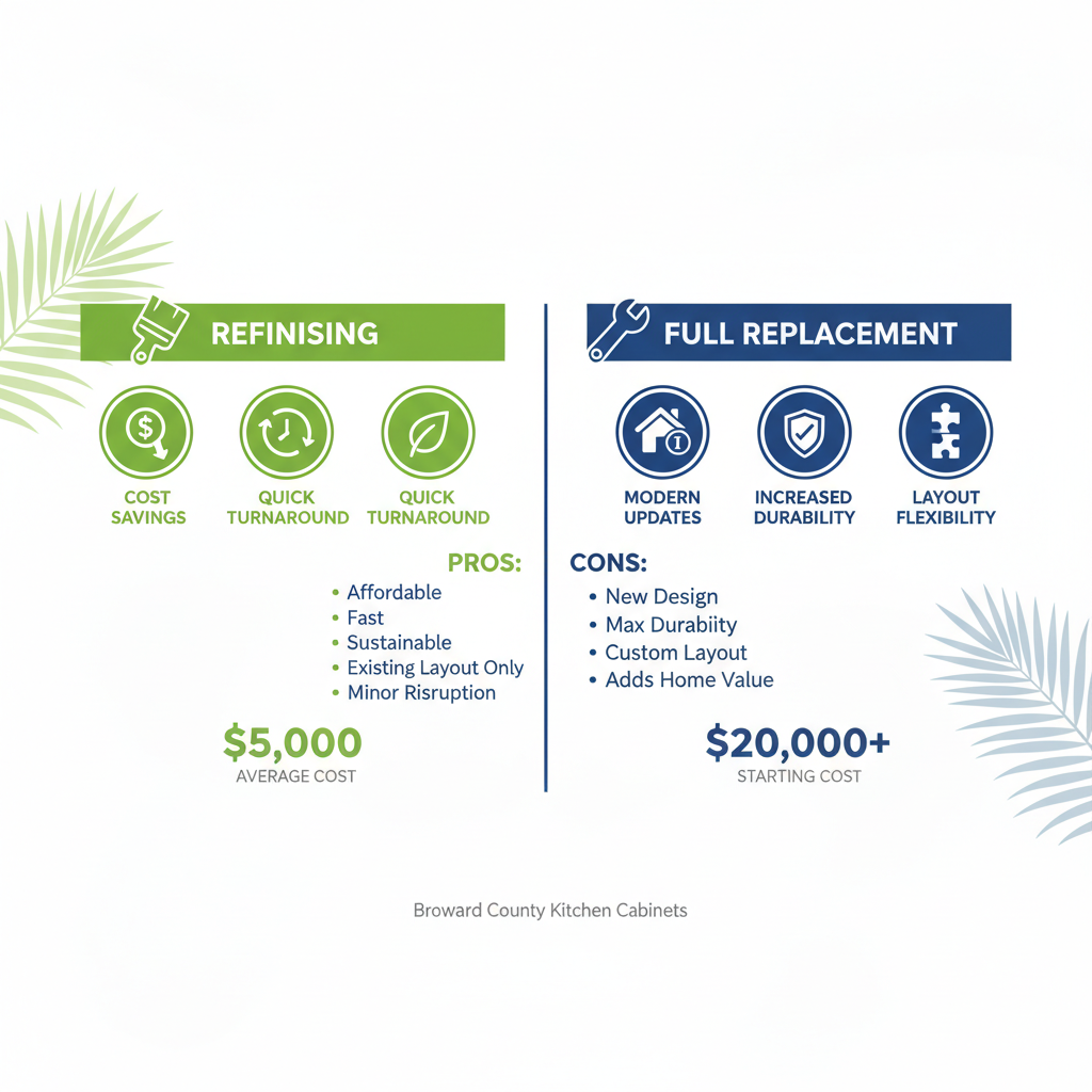 Infographic comparing refinishing and replacement options for kitchen cabinets in Broward County, highlighting costs, benefits, and icons in green and blue tones.